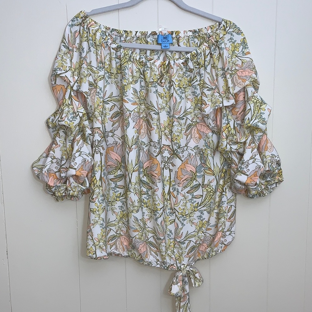 CeCe Floral Ruffle Blouse - White, Pink, Green